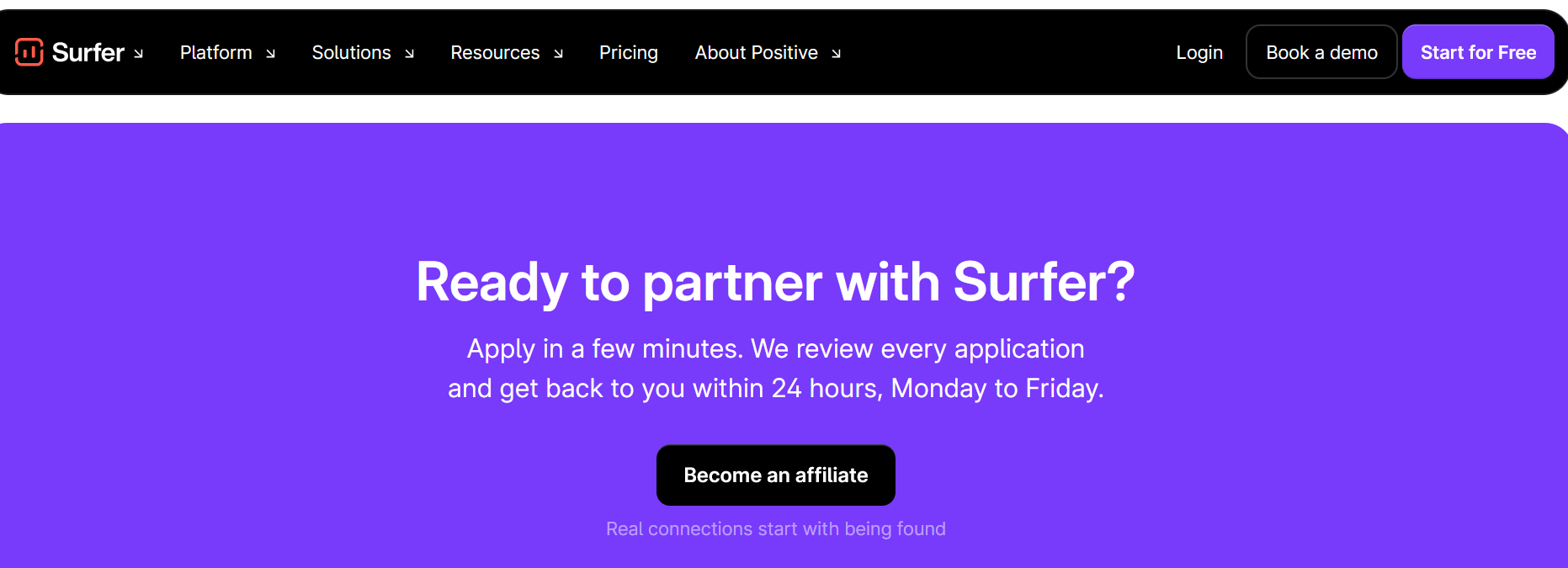 Surfer SEO affiliate program page with a Become an affiliate button